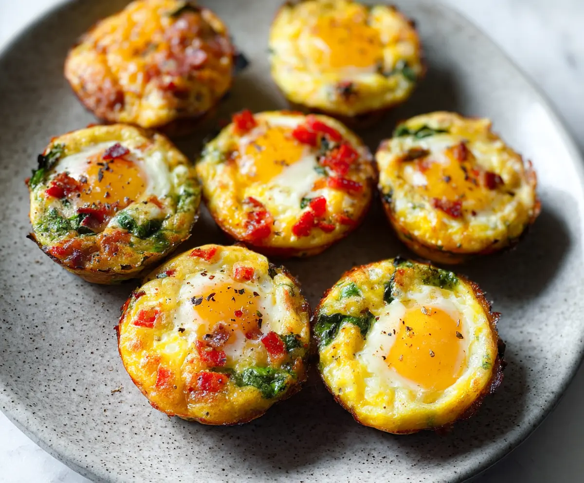 Delicious baked egg breakfast cups with vegetables and cheese in muffin tins.
