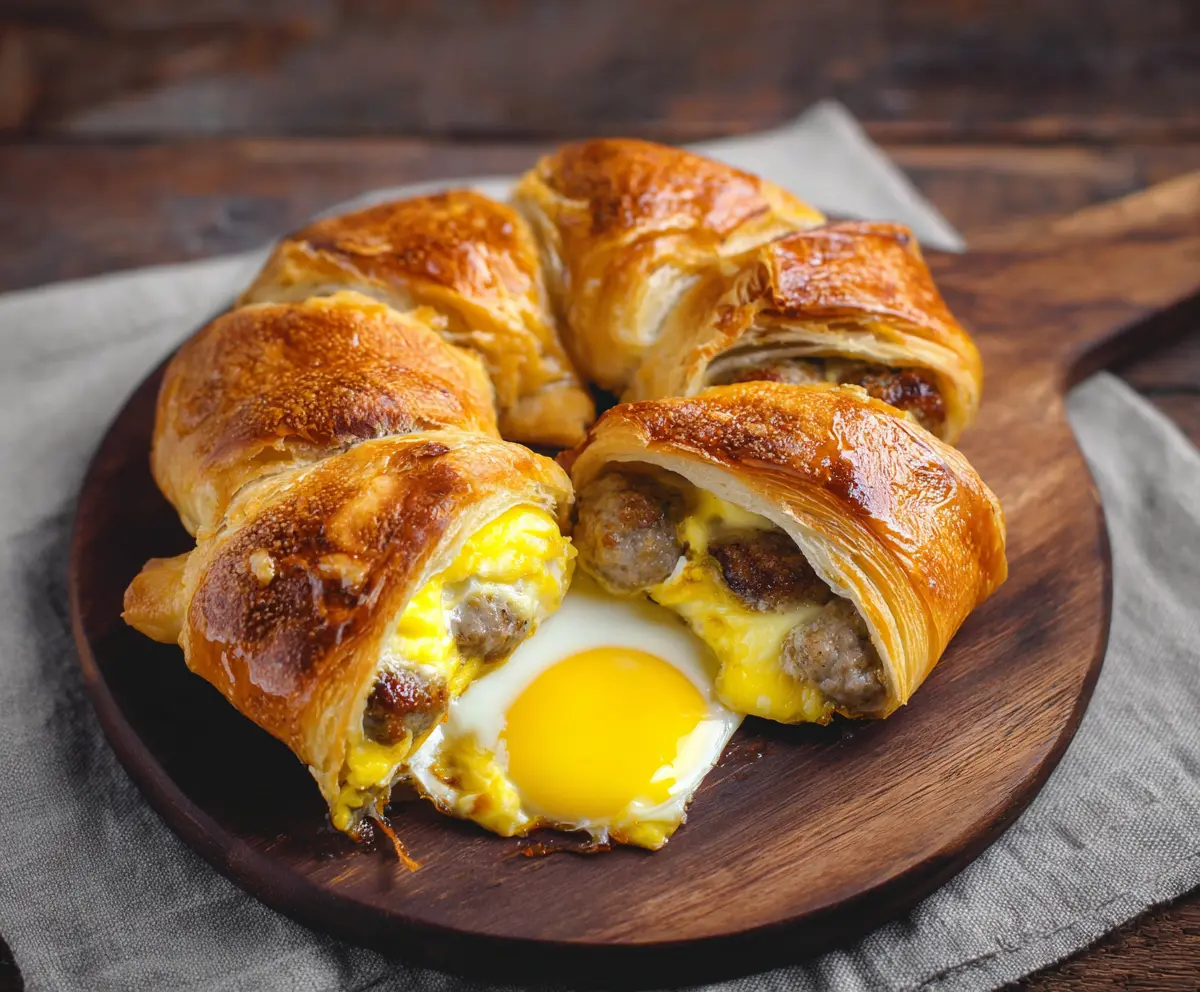 Delicious baked sausage, egg, and cheese croissant breakfast sandwich on a plate.