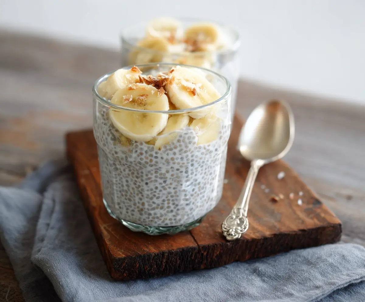 Creamy banana coconut milk chia seed pudding garnished with sliced bananas and toasted coconut flakes.