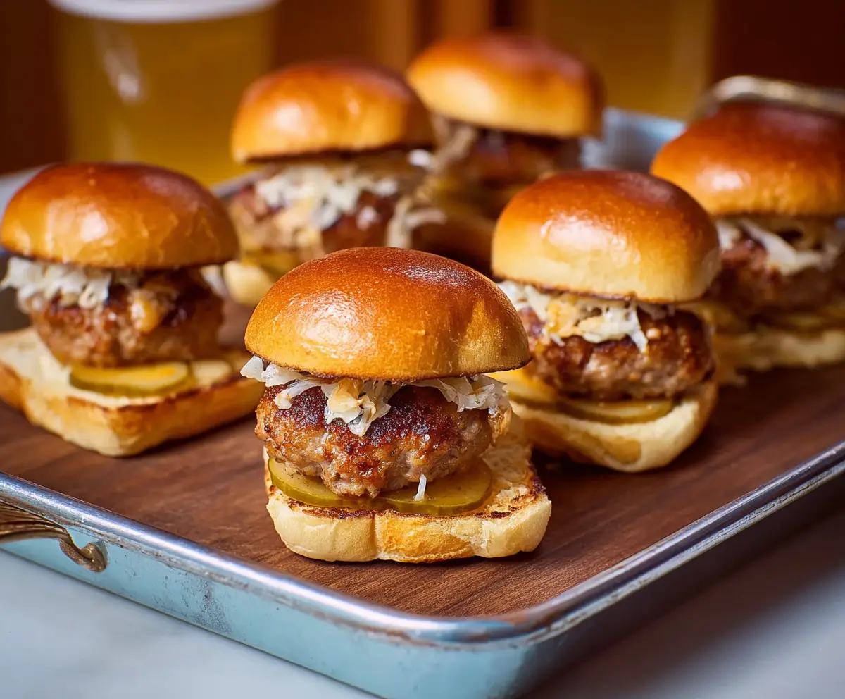 Delicious Beer Brat Sliders with melted cheese and savory sausages on slider buns.