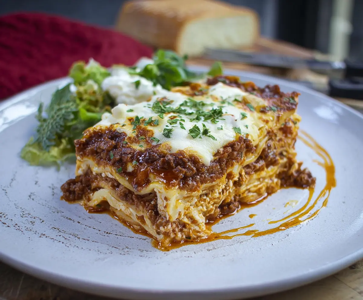 Delicious homemade Bison Lasagna layered with rich cheese and savory bison meat.