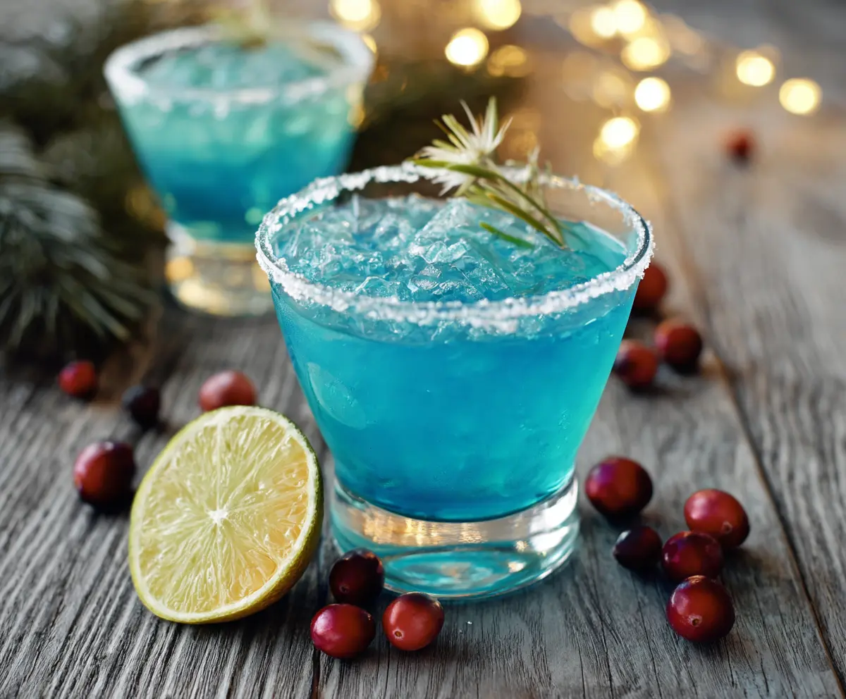 Festive Blue Christmas Cocktail with holiday garnishes in a clear glass