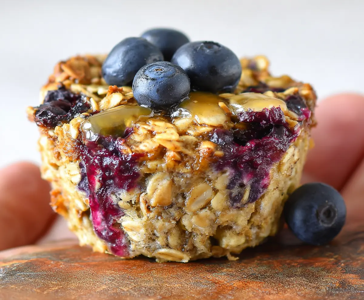 Delicious blueberry and banana baked oatmeal cups served in a white bowl on a wooden table.