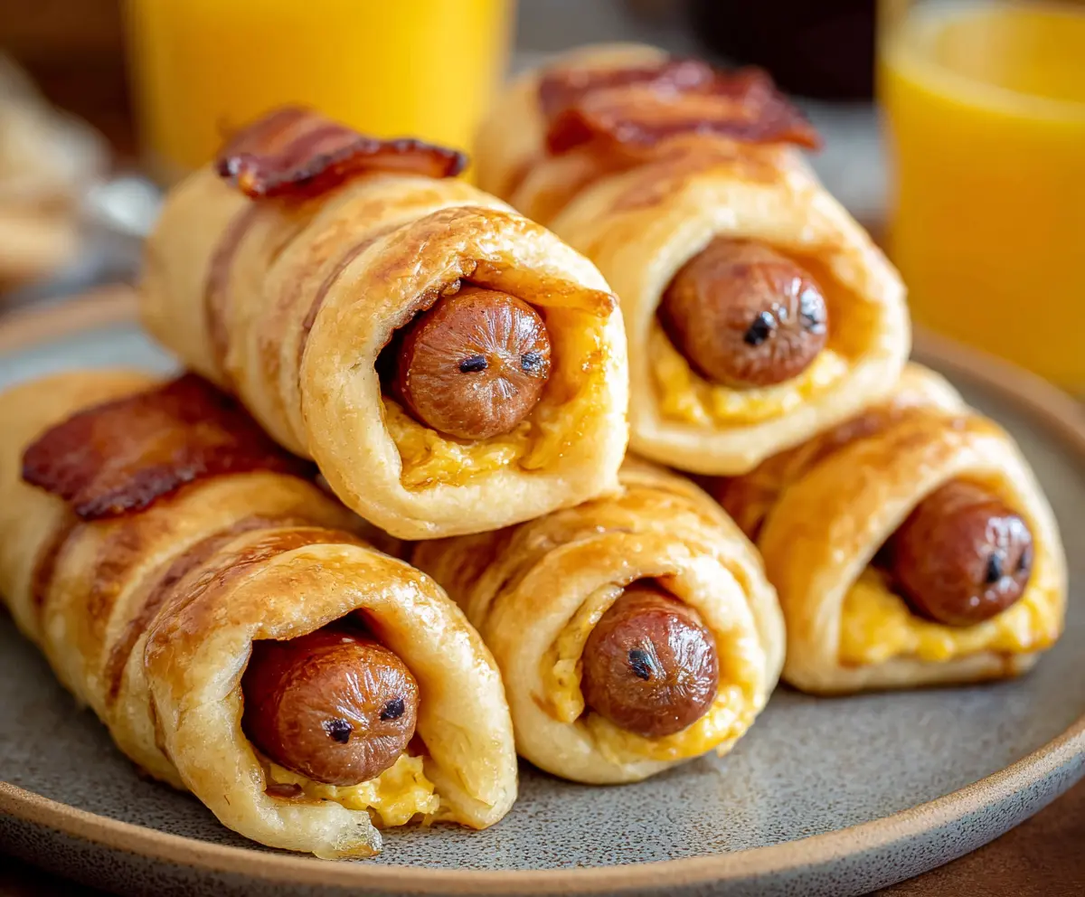 Delicious breakfast pigs in a blanket served with fresh sides on a plate.