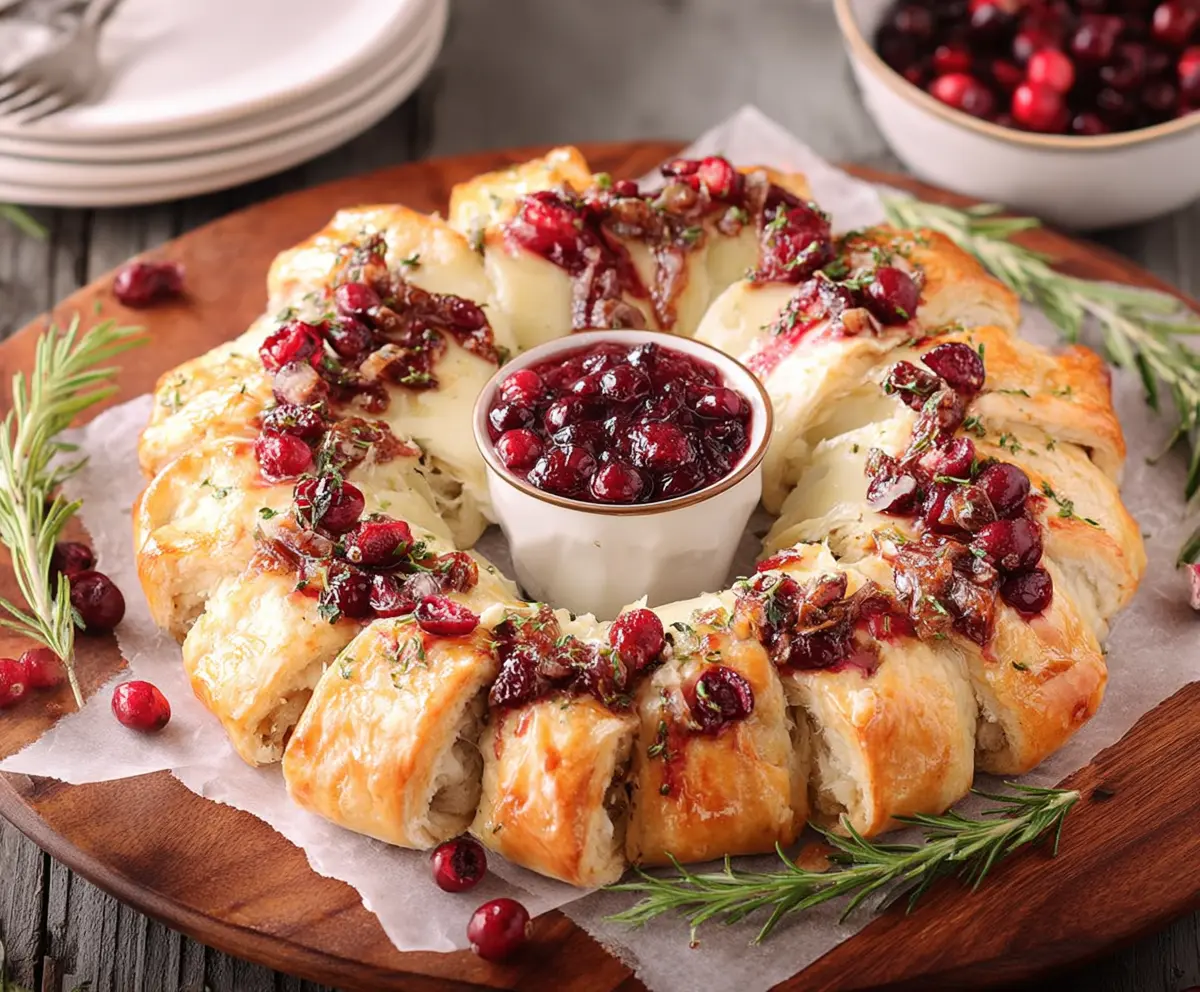 Delicious Brie Cranberry Wreath served as a festive appetizer with melted cheese and tart cranberries.