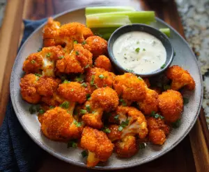 Crispy Buffalo Cauliflower Bites served with blue cheese dipping sauce, perfect for snacks or parties.
