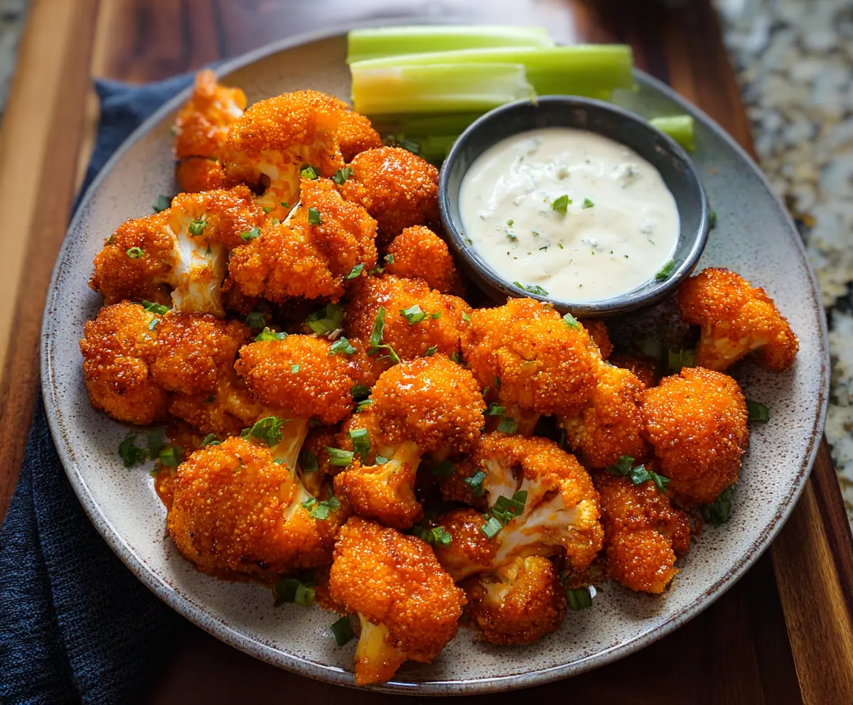 Crispy Buffalo Cauliflower Bites served with blue cheese dipping sauce, perfect for snacks or parties.