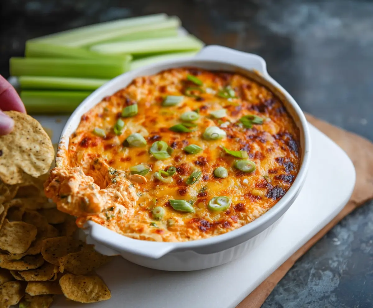 Creamy Buffalo Chicken Dip served with celery and chips, perfect for parties and game days.