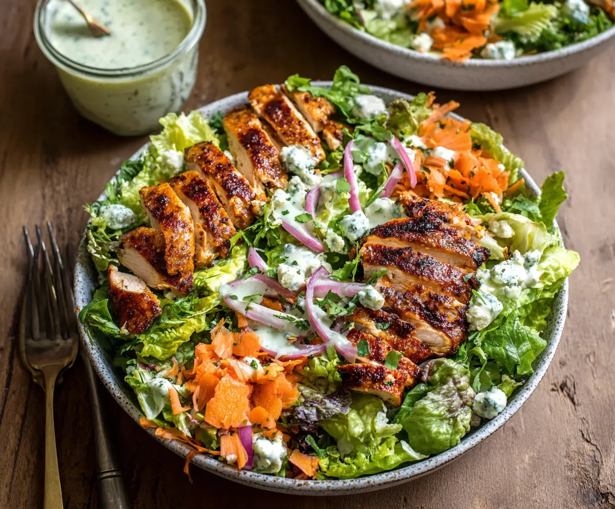 Delicious Buffalo Ranch Chicken Salad with crispy chicken, fresh greens, and creamy dressing