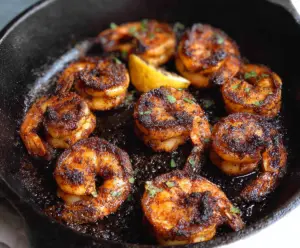 Juicy Cajun blackened shrimp served on a plate, garnished with herbs.