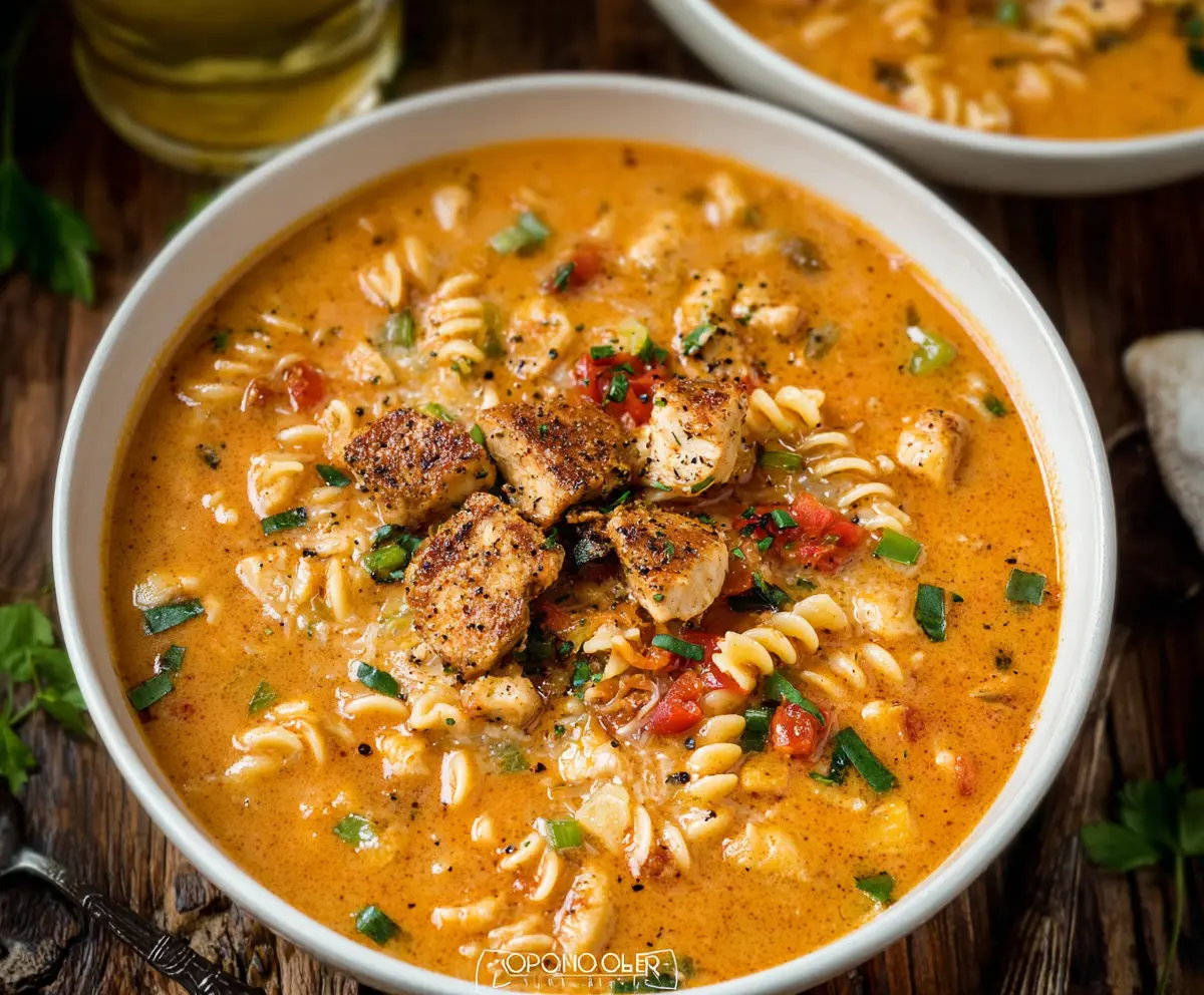 Delicious Cajun Chicken Soup Pasta with vibrant vegetables and creamy sauce.