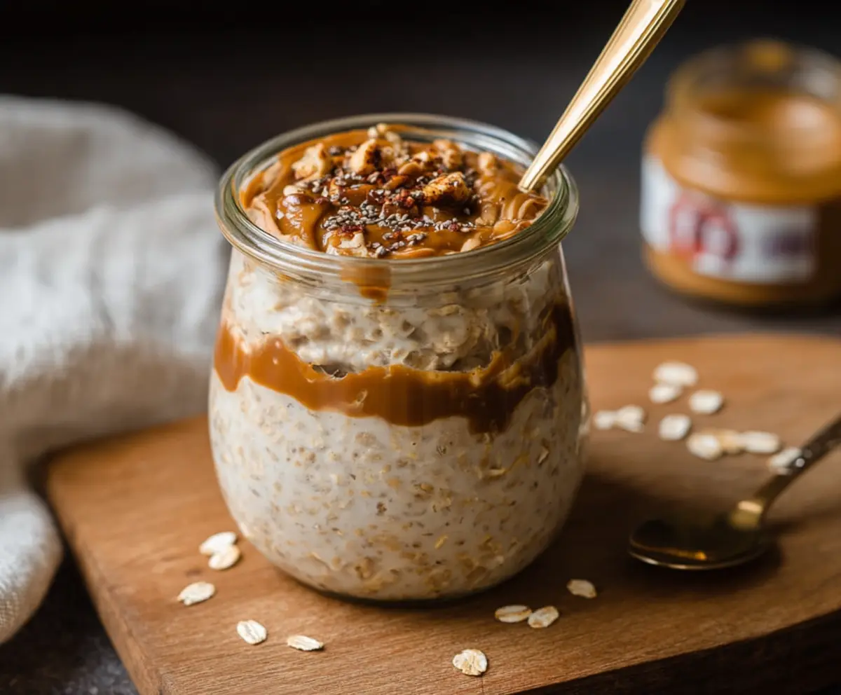 Creamy Caramel Macchiato Overnight Oats with Swirls of Caramel Sauce and Coffee Flavor