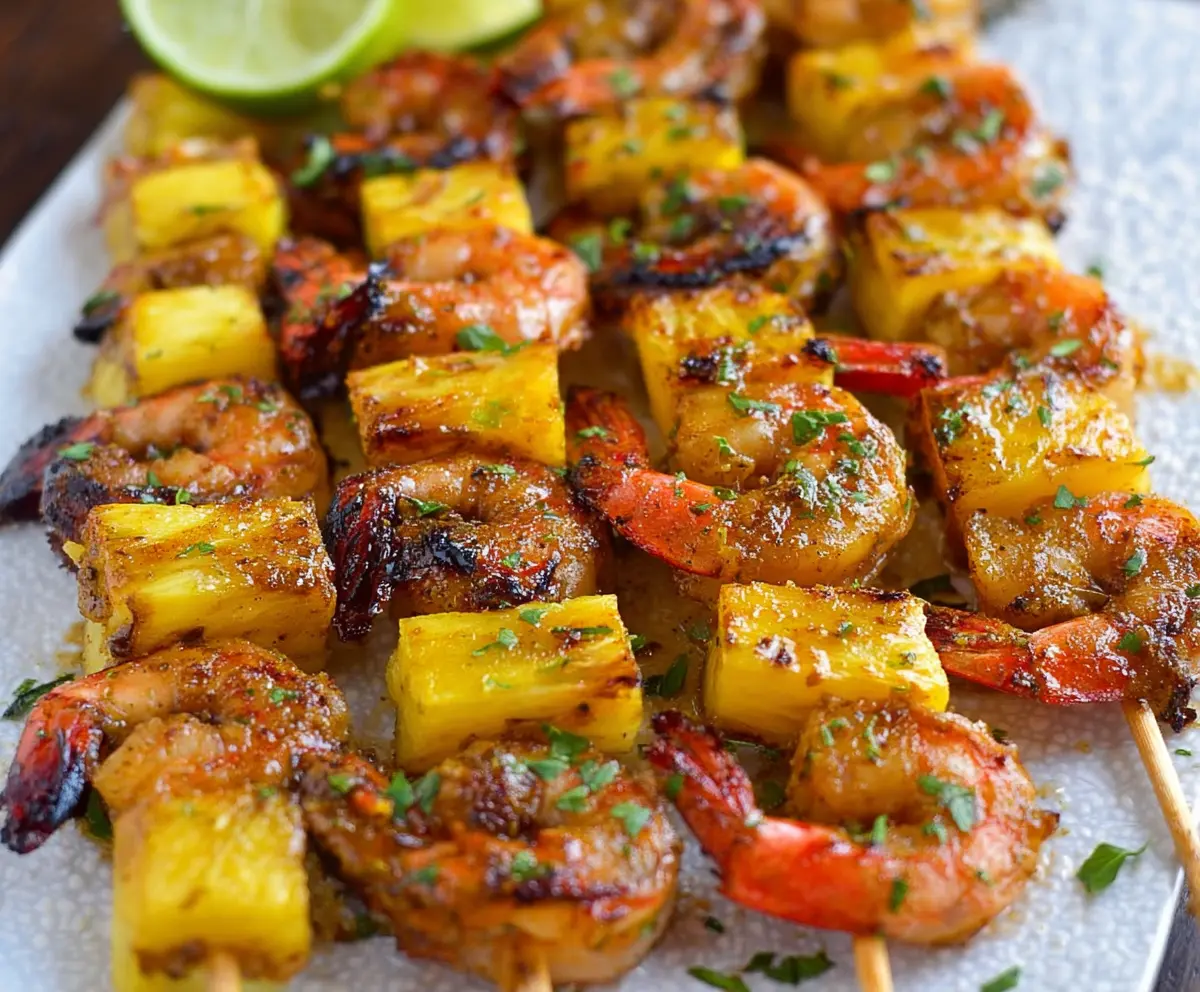 Grilled Caribbean Jerk Shrimp Skewers garnished with fresh herbs, perfect for a flavorful outdoor barbecue.