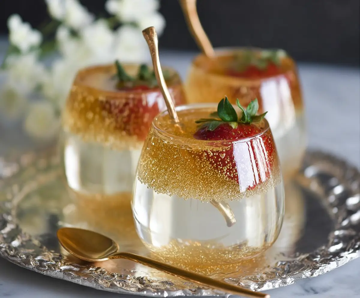 Delicious Champagne Jello Cups garnished with fresh fruit for a festive celebration