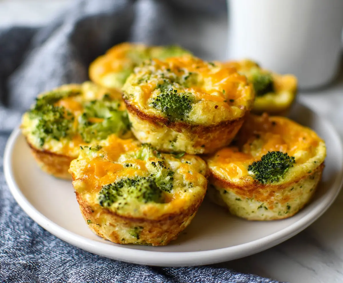 Delicious cheddar broccoli egg muffins served on a plate, showcasing a nutritious breakfast option rich in vegetables and cheese.