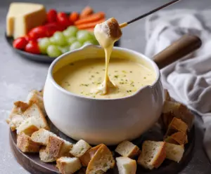 Creamy cheese fondue served with bread and vegetables for dipping.