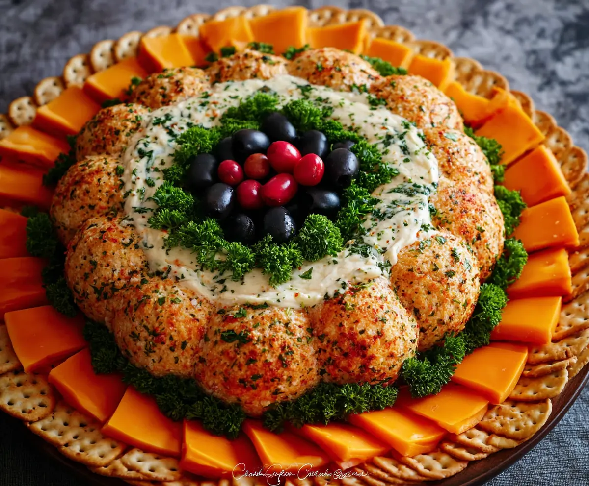 Delicious cheeseball wreath with herbs and crackers, perfect for parties and gatherings