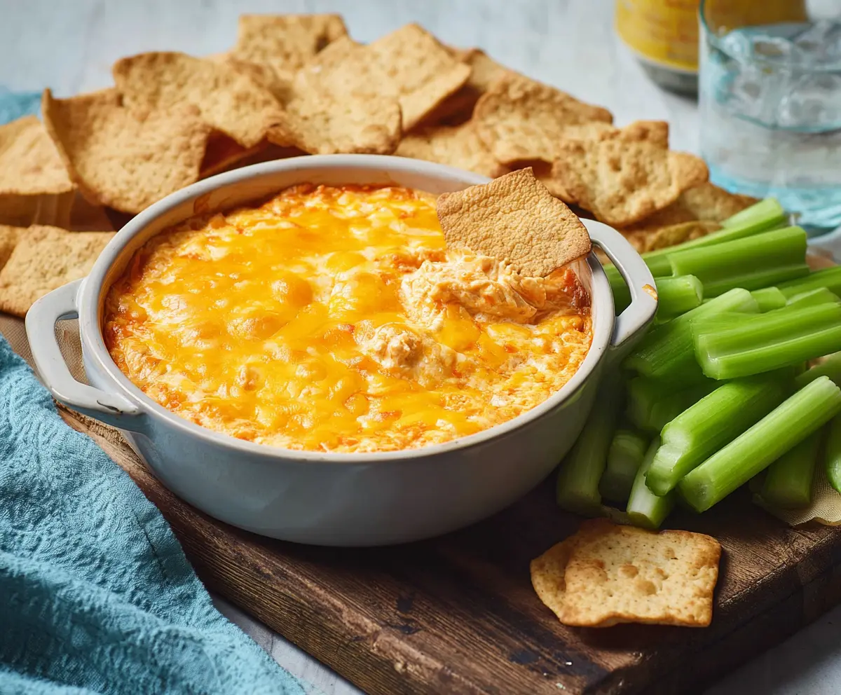 Delicious cheesy buffalo chicken dip served with crispy tortilla chips, perfect for parties and gatherings.