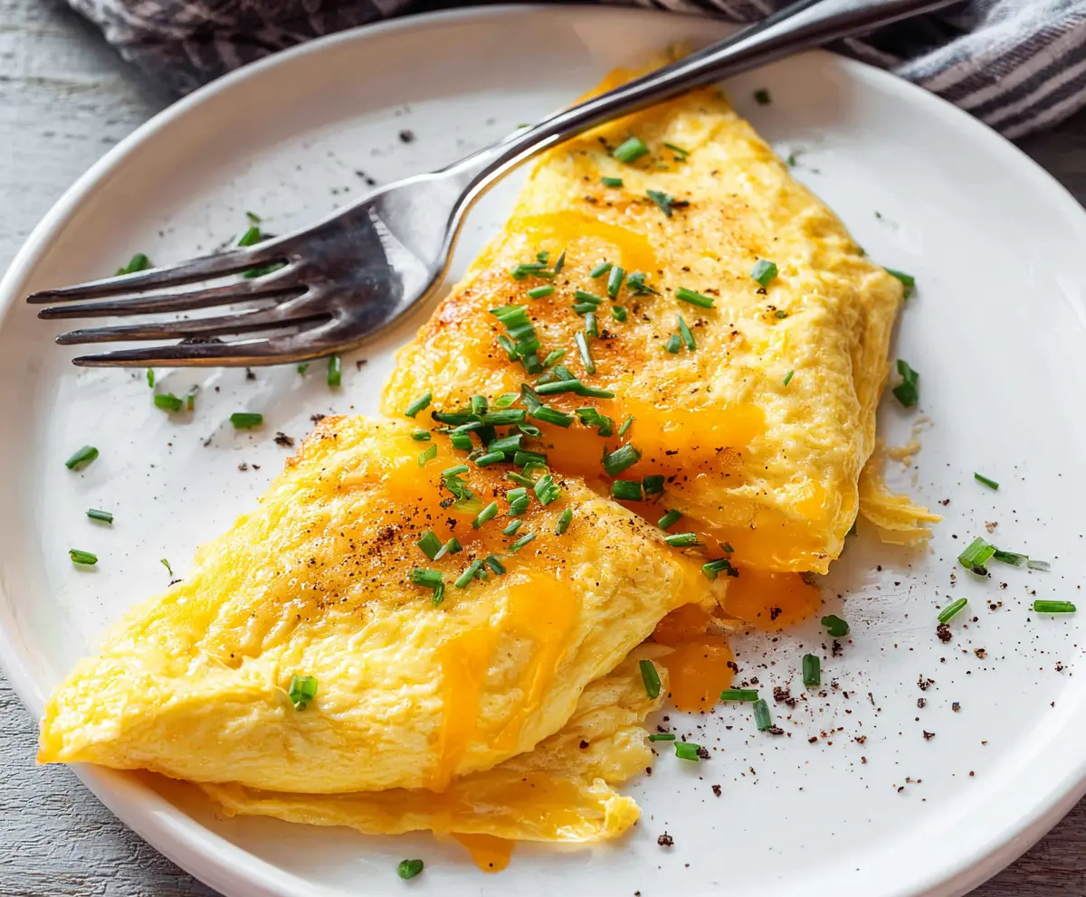 Delicious cheesy omelet topped with melted cheese and fresh herbs, perfect for breakfast.