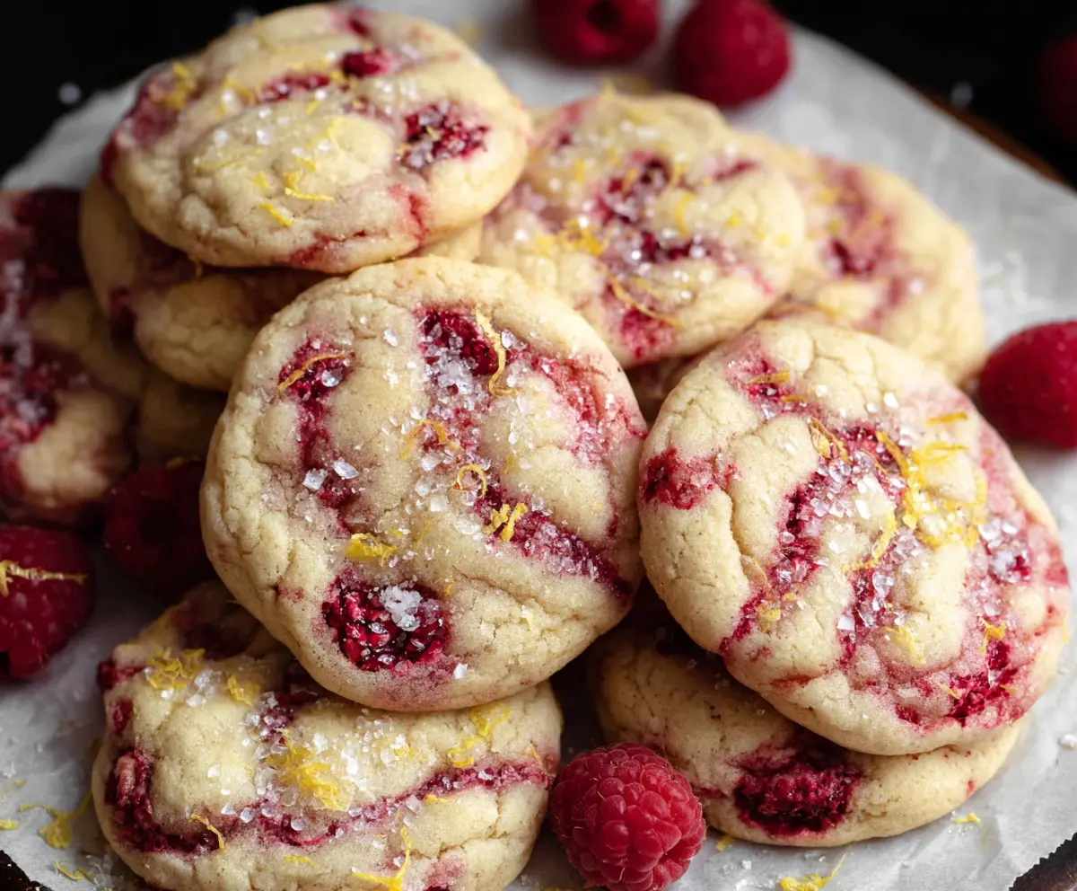 Delicious chewy lemon raspberry cookies with a vibrant red and yellow appearance.