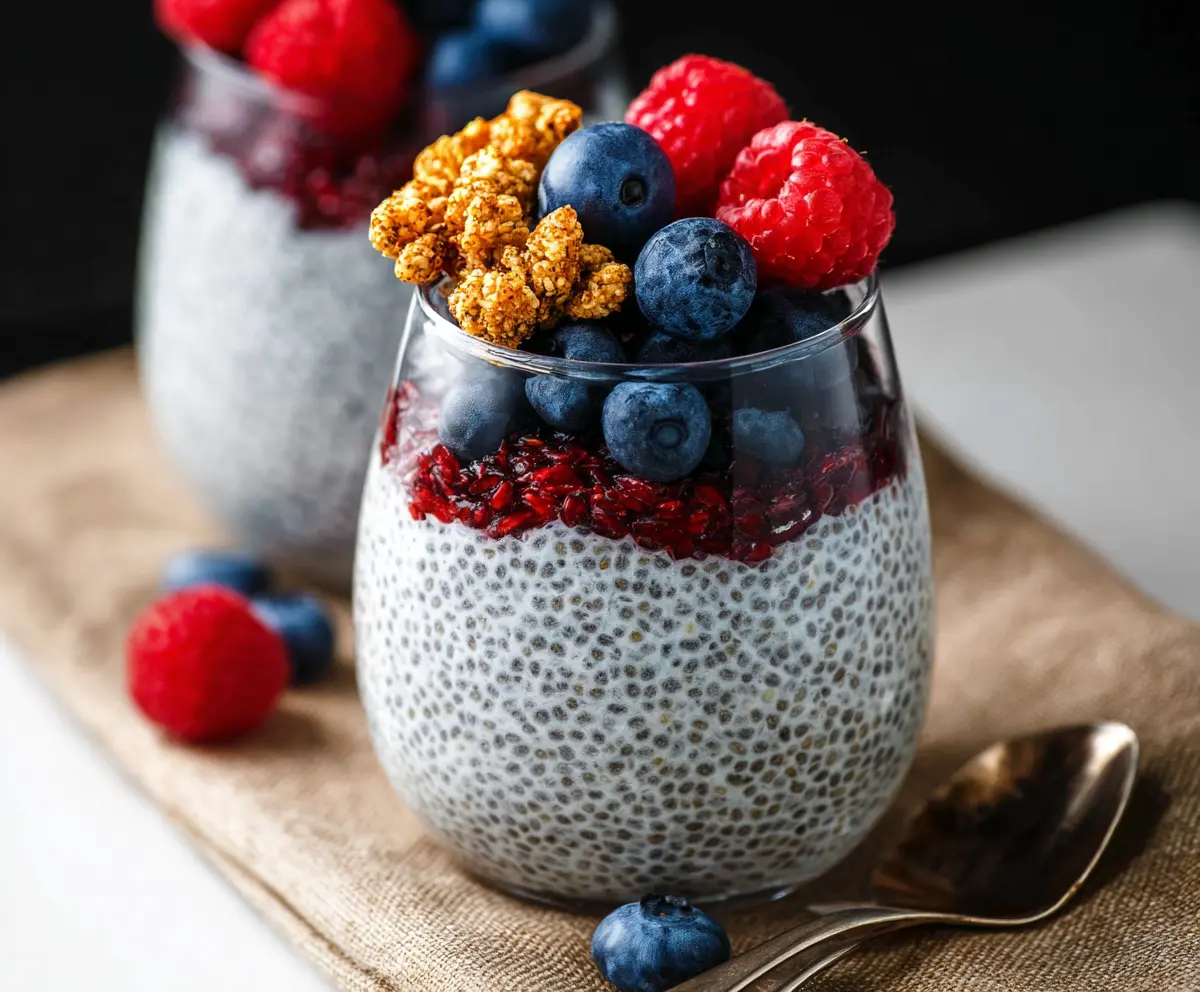 Delicious homemade chia pudding with fresh berries and honey on a white plate