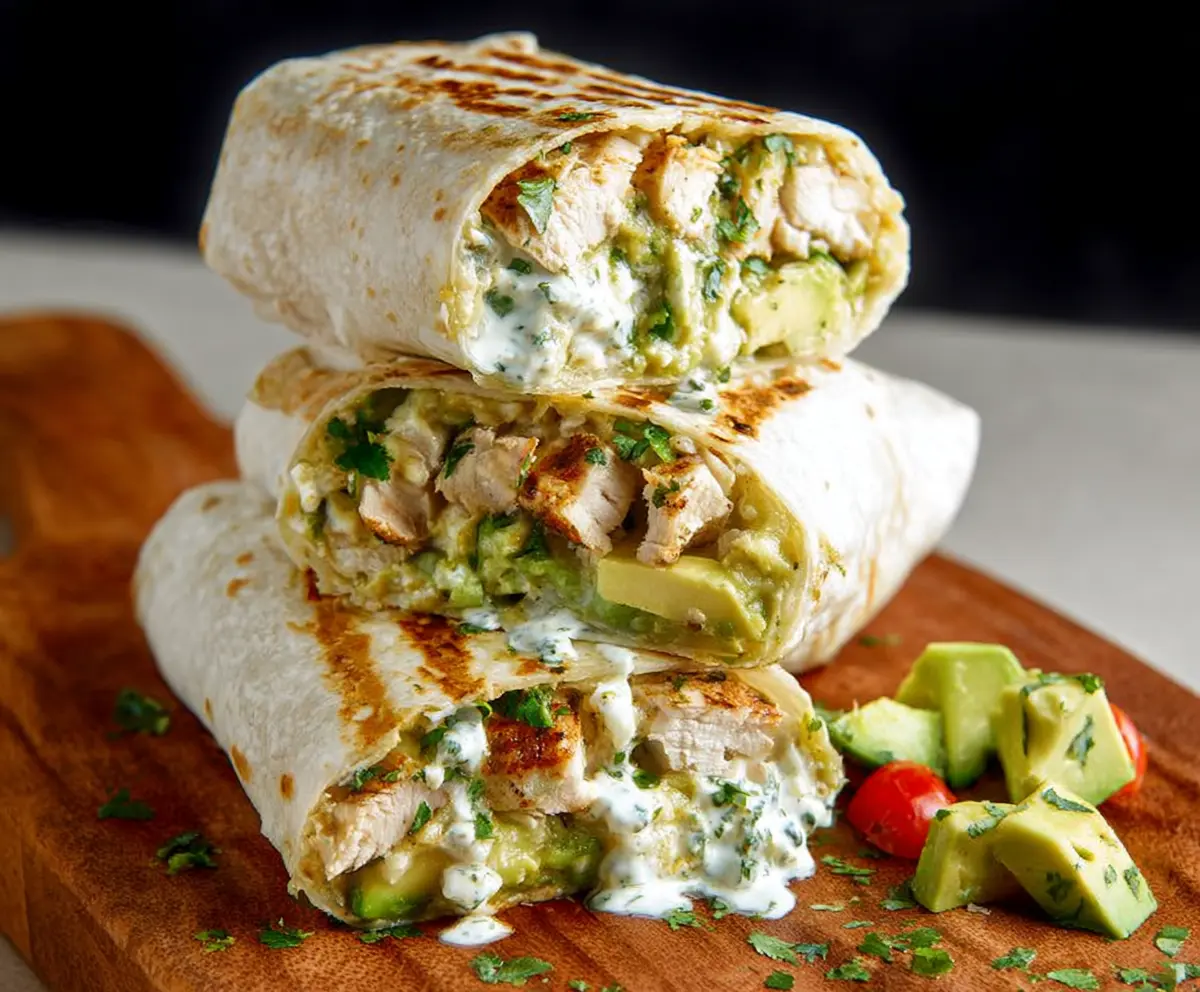 Delicious chicken avocado burrito wrapped in a tortilla with fresh vegetables.