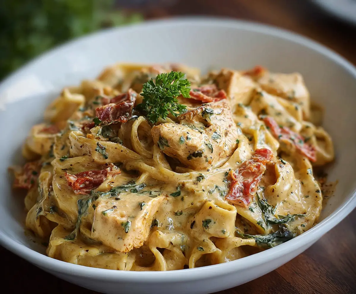Creamy Tuscan Chicken Pasta dish with tender chicken, spinach, and sun-dried tomatoes in a rich sauce.