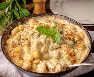 Creamy Chicken Gnocchi Alfredo dish served with fresh herbs and parmesan cheese