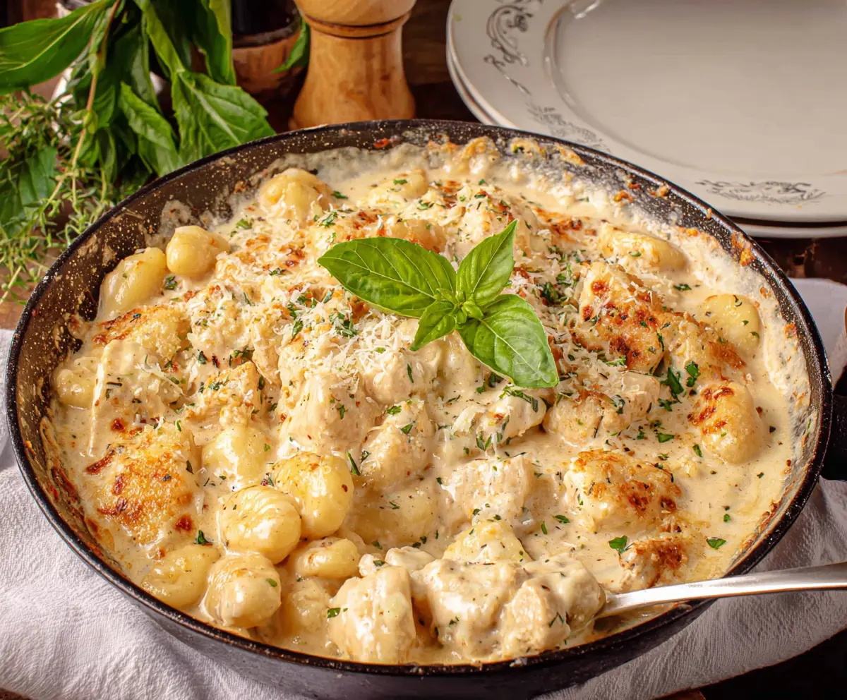 Creamy Chicken Gnocchi Alfredo dish served with fresh herbs and parmesan cheese
