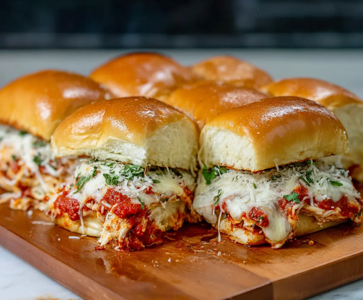 Delicious Chicken Parmesan sliders topped with melted cheese and fresh herbs on a serving platter.