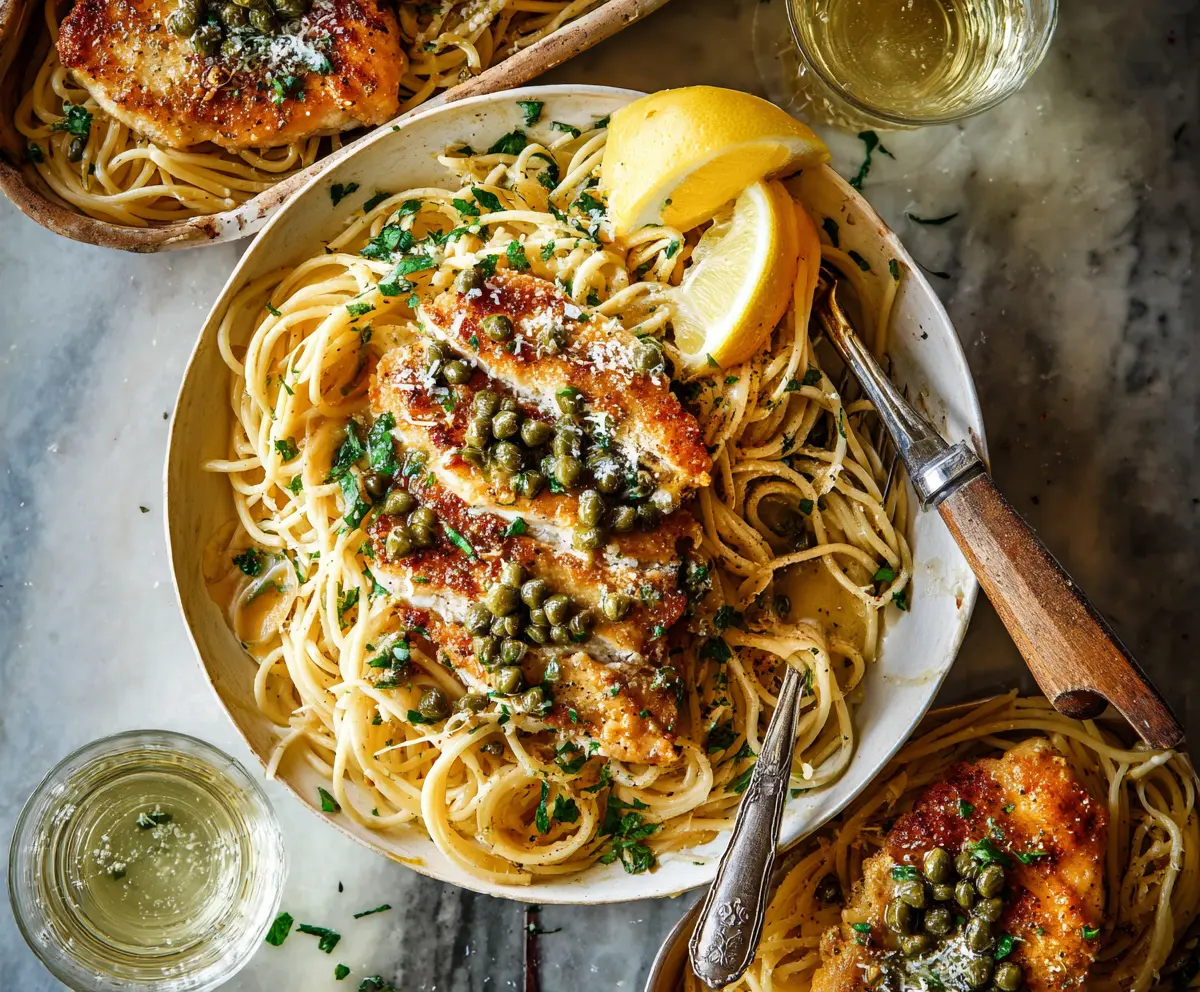 Delicious Chicken Piccata Pasta dish with lemon and capers garnished with fresh herbs.