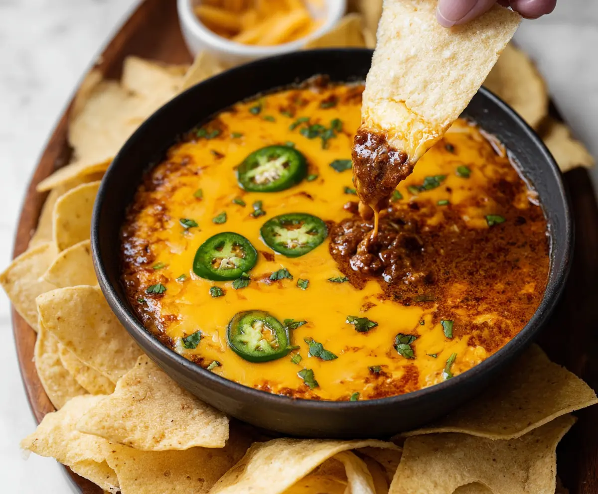 Delicious chili cheese dip served with tortilla chips, perfect for parties and snacks.