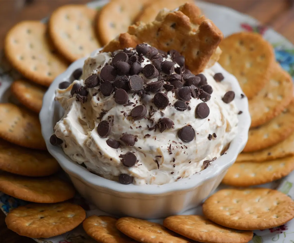 Cream cheese chocolate chip dip served with fresh fruit and cookies for a sweet snack.