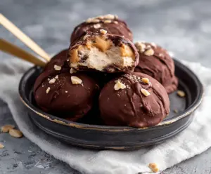 Delicious chocolate peanut butter frozen yogurt bites on a white plate, perfect for a cool treat.