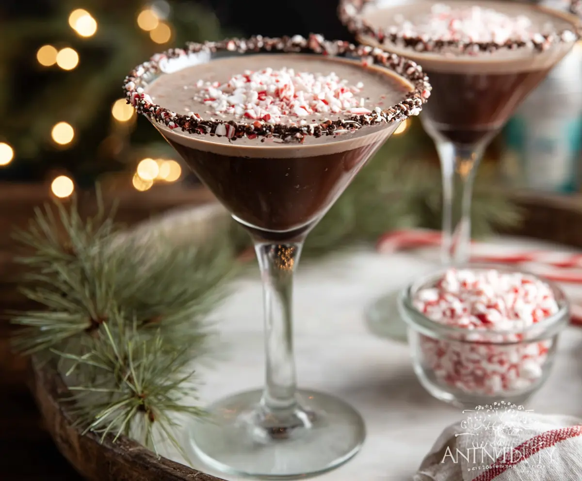 A delicious Chocolate Peppermint Martini in a elegant glass garnished with peppermint and chocolate shavings.
