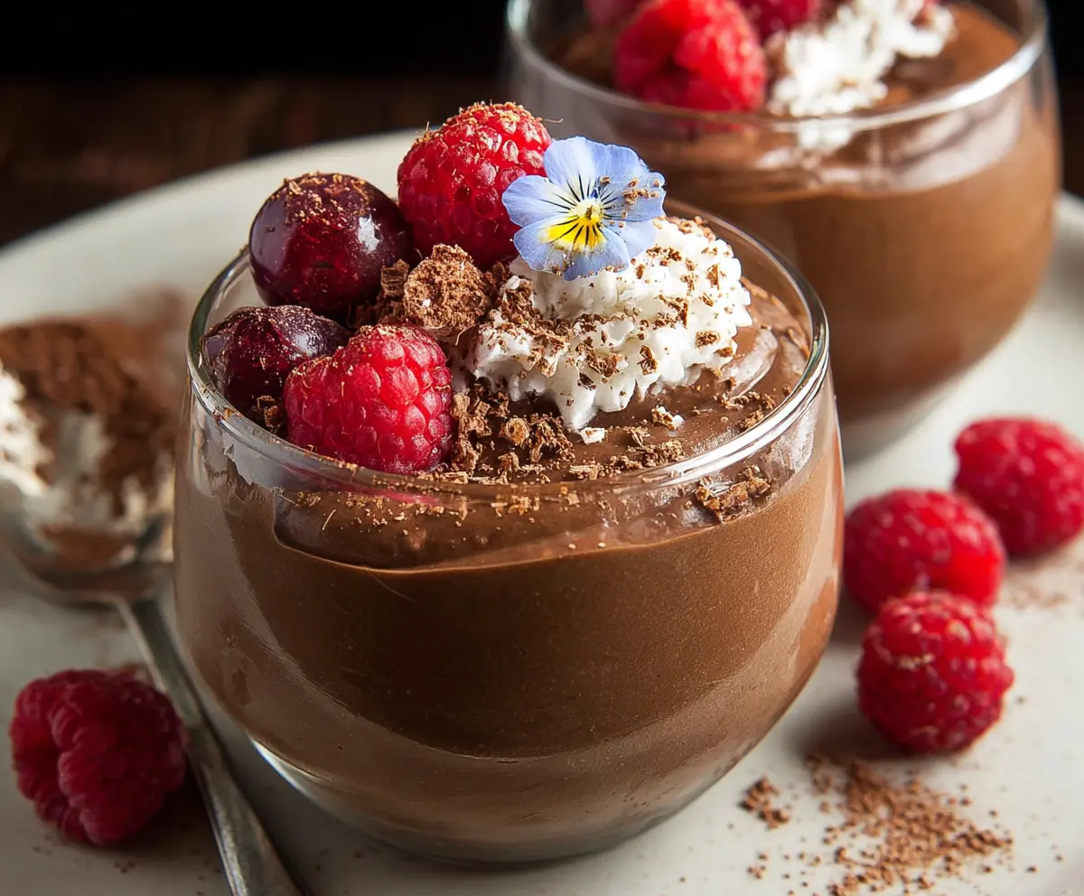 Creamy chocolate protein pudding in a bowl, garnished with chocolate shavings and a mint leaf, ideal for a healthy dessert.