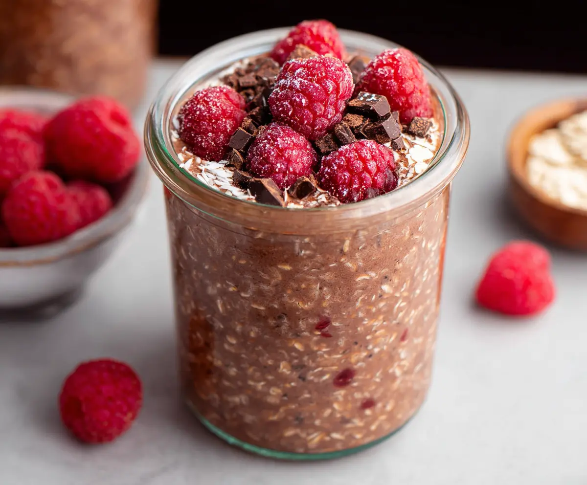 Delicious chocolate raspberry overnight oats in a glass jar topped with fresh raspberries and cocoa powder.