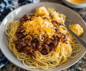 Delicious Cincinnati Chili Spaghetti topped with shredded cheese and onions, served on a plate.