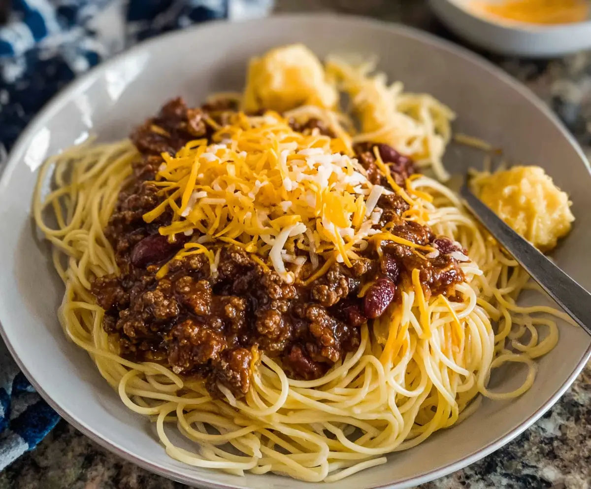 Delicious Cincinnati Chili Spaghetti topped with shredded cheese and onions, served on a plate.