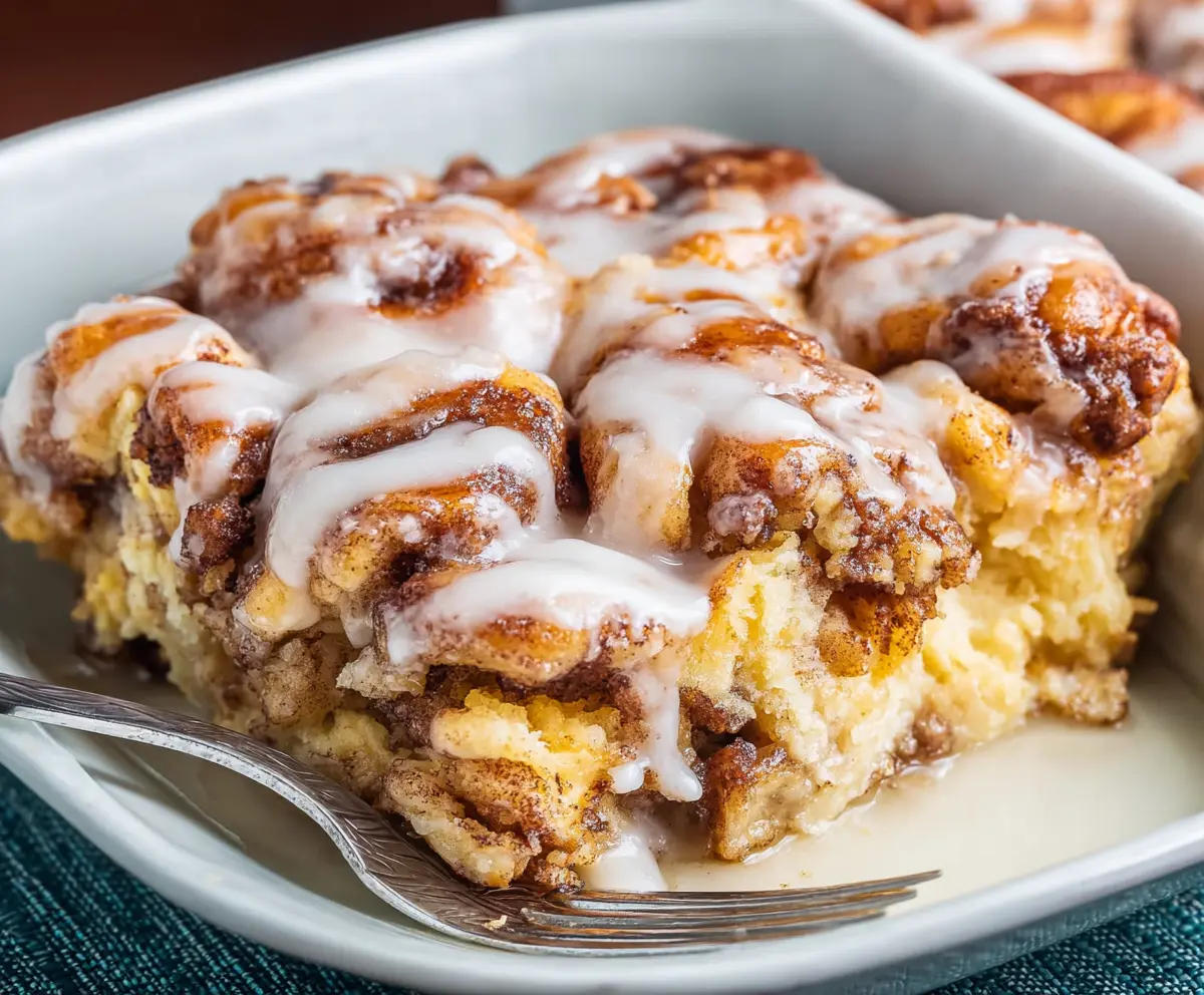 Delicious Cinnamon Roll Casserole topped with icing, served in a baking dish for breakfast or brunch.