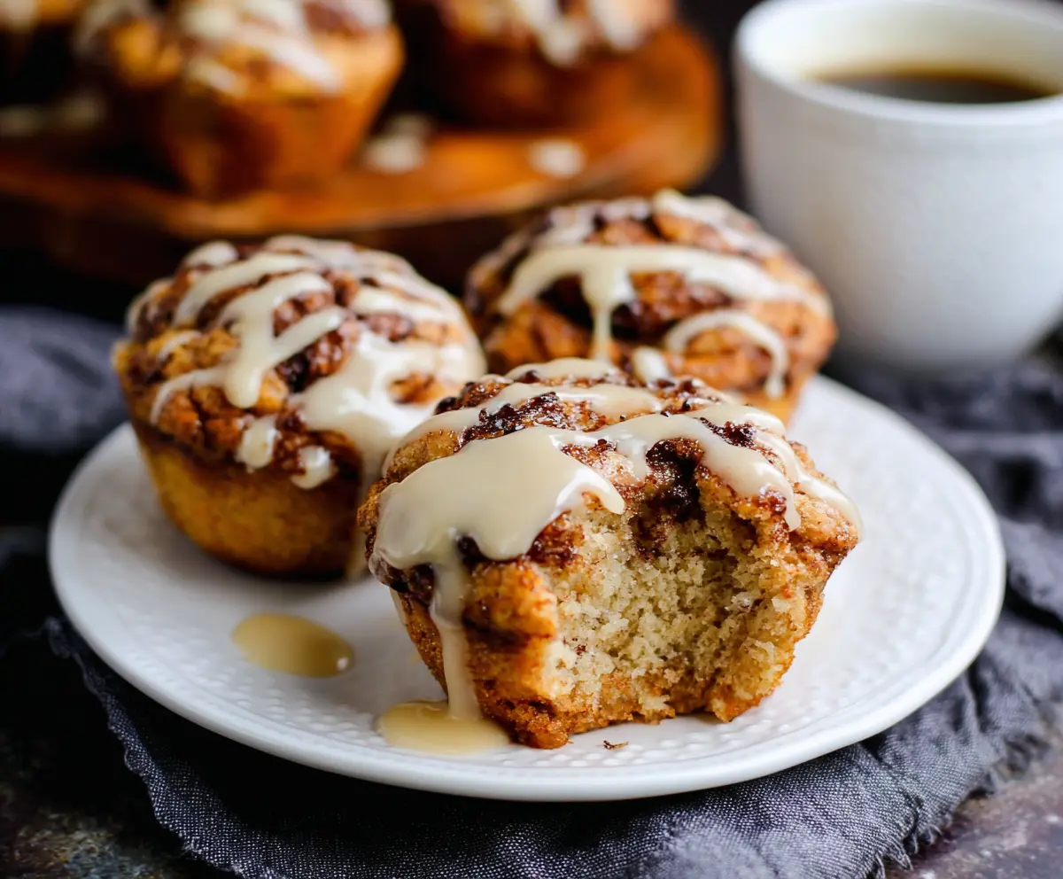 Delicious Cinnamon Roll Protein Muffins topped with icing, perfect for a healthy breakfast or snack.