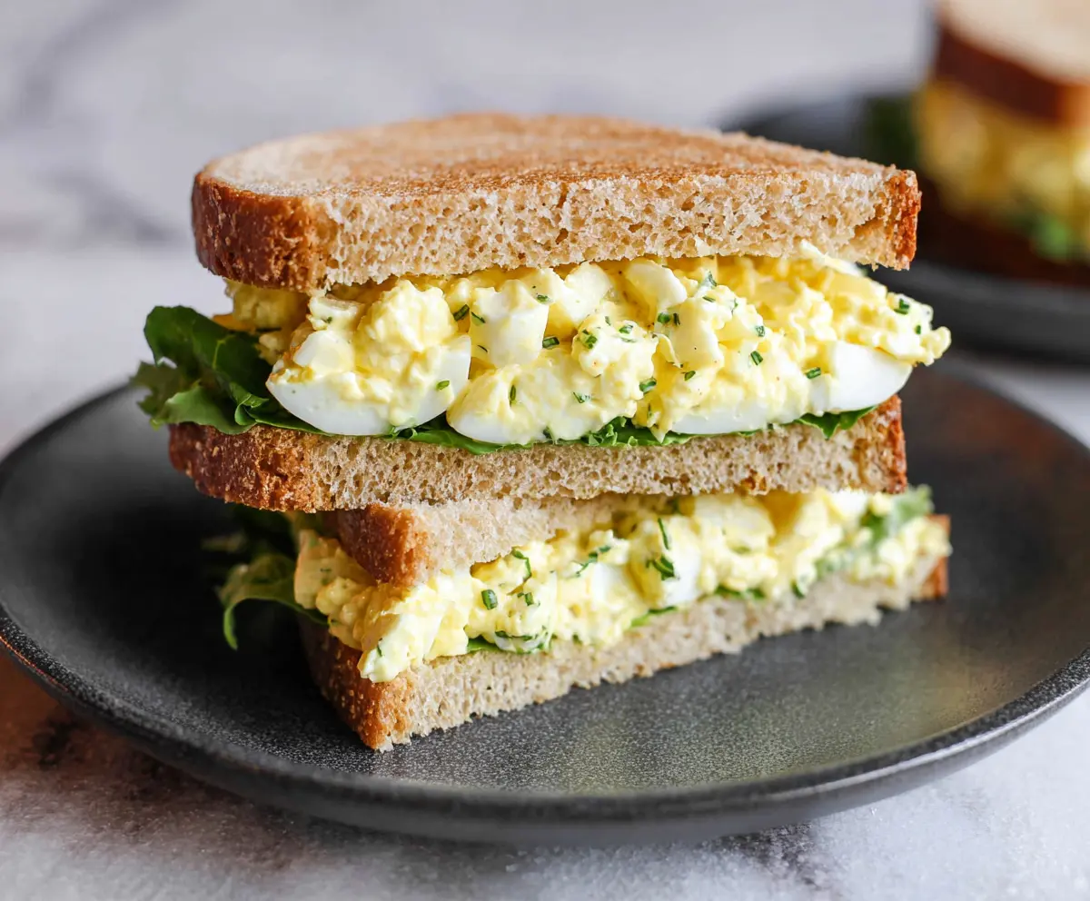 Delicious classic egg salad sandwich on whole grain bread, perfect for a quick lunch.