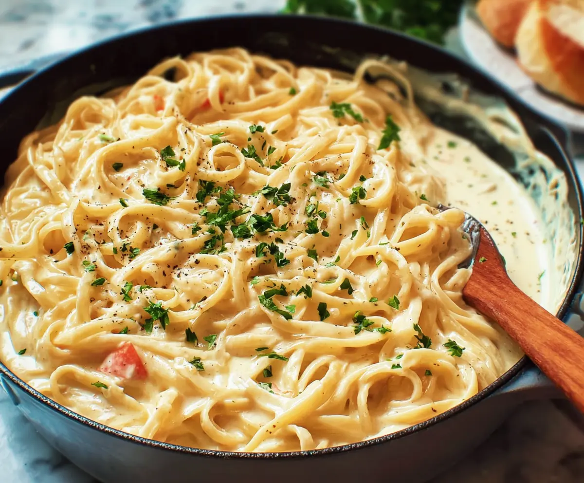 Creamy Cottage Cheese Alfredo Pasta served in a rustic bowl, garnished with fresh herbs.