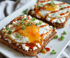 Delicious cottage cheese, egg, and Sriracha protein toast served on a rustic plate.