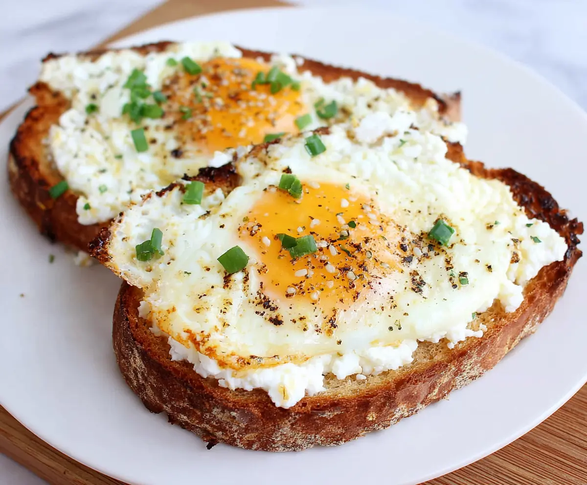 Delicious cottage cheese egg toast topped with fresh herbs on a rustic plate.