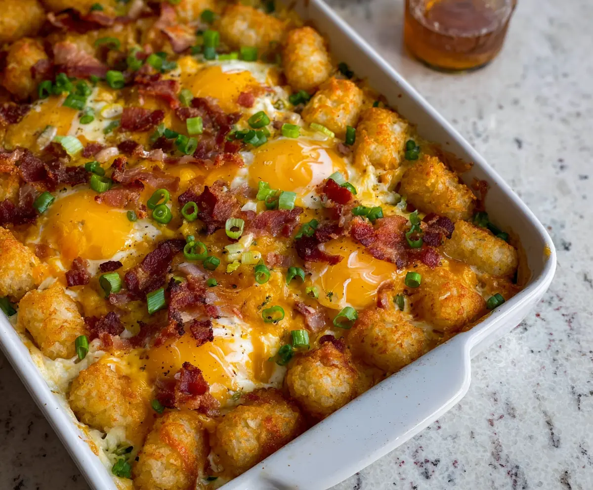 Delicious Crack Breakfast Casserole with crispy Tater Tots and melted cheese on top.