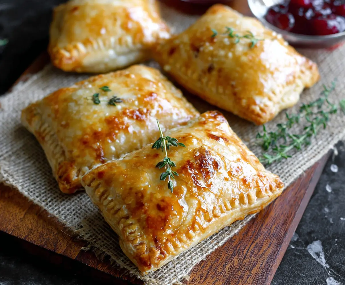 Delicious Cranberry Brie Mini Hand Pies on a serving platter with fresh herbs.