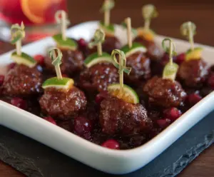 Cranberry Chipotle Cocktail Meatballs served on a platter with garnish, perfect for parties and appetizers.