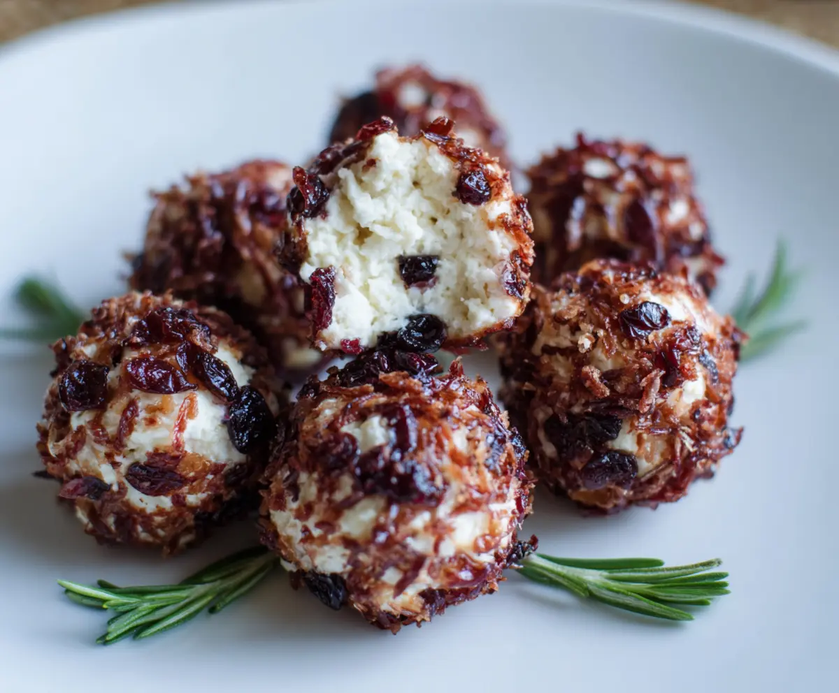 Cranberry goat cheese balls garnished with fresh herbs on a white plate for a festive appetizer.