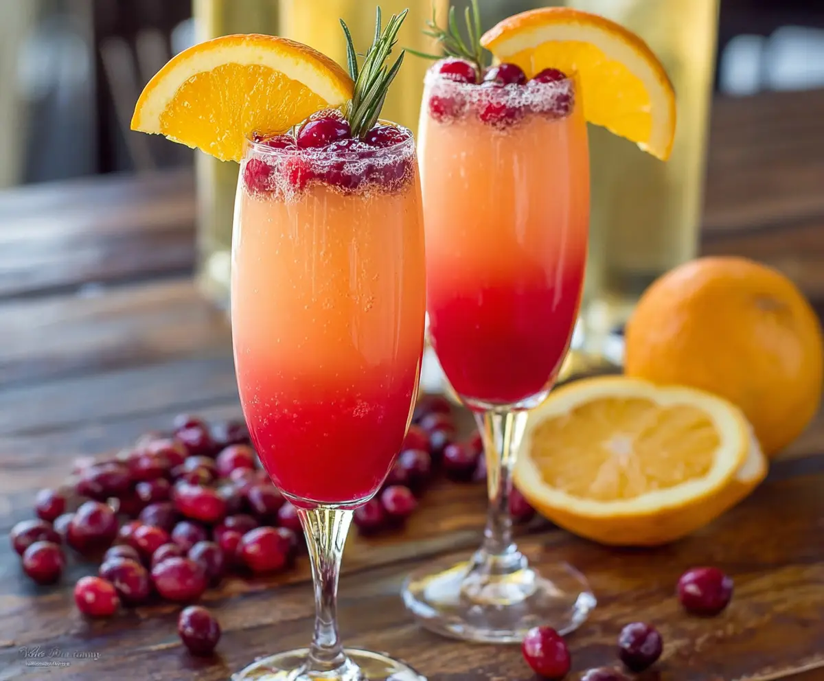 Refreshingly vibrant cranberry orange mimosa in a elegant glass, garnished with fresh cranberries and orange slices.